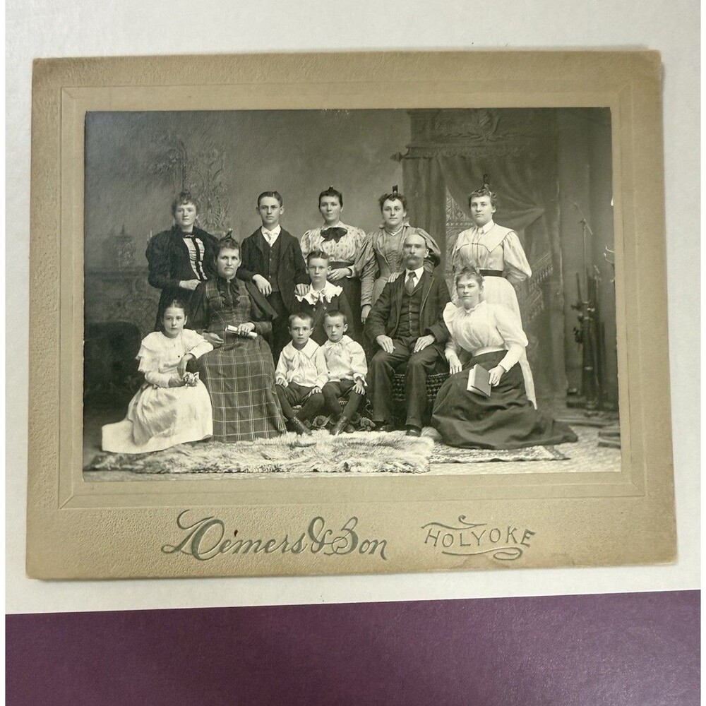 Family Antique Cabinet Card Photo c.1900 Demers & Son Holyoke, Ma.